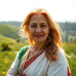 A scenic hillside portrait featuring a 50-year-old Pakistani woman with striking golden hair