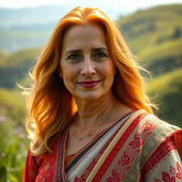 A scenic hillside portrait featuring a 50-year-old Pakistani woman with striking golden hair