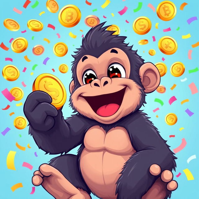 A cute and whimsical illustration of a baby gorilla, resembling Baby Kong, cheerfully holding a shiny meme coin while laughing