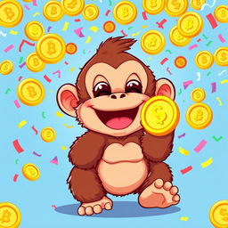 A cute and whimsical illustration of a baby gorilla, resembling Baby Kong, cheerfully holding a shiny meme coin while laughing