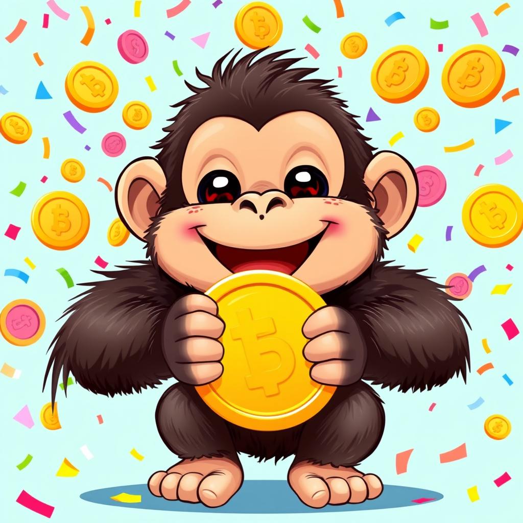 A cute and whimsical illustration of a baby gorilla, resembling Baby Kong, cheerfully holding a shiny meme coin while laughing