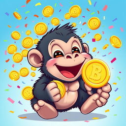 A cute and whimsical illustration of a baby gorilla, resembling Baby Kong, cheerfully holding a shiny meme coin while laughing