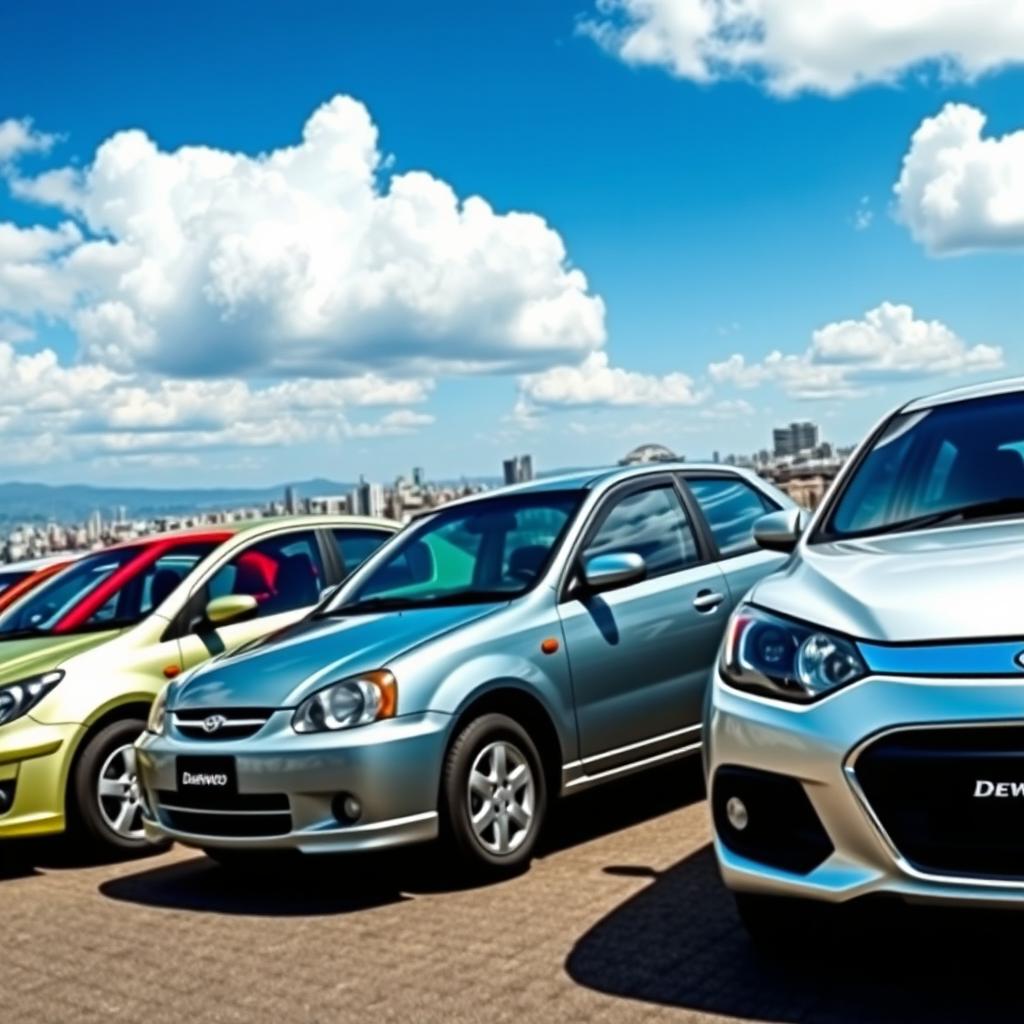 A dynamic and colorful scene showcasing a fleet of Daewoo cars, including a sleek Daewoo Mims, a sporty Daewoo Napra, a compact Daewoo Lanos, and a classic Daewoo Cielo