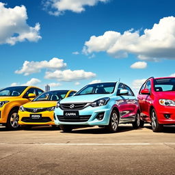 A dynamic and colorful scene showcasing a fleet of Daewoo cars, including a sleek Daewoo Mims, a sporty Daewoo Napra, a compact Daewoo Lanos, and a classic Daewoo Cielo