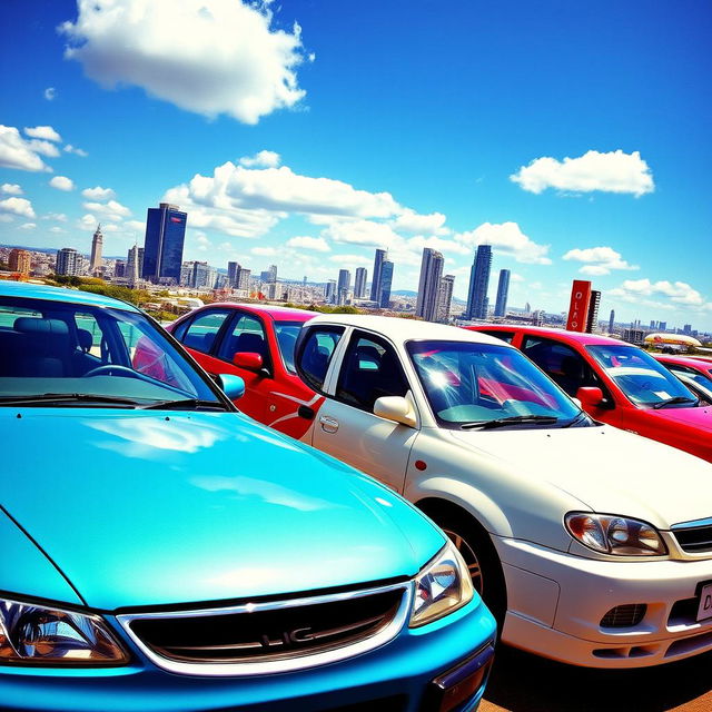 A dynamic and colorful scene showcasing a fleet of Daewoo cars, including a sleek Daewoo Mims, a sporty Daewoo Napra, a compact Daewoo Lanos, and a classic Daewoo Cielo