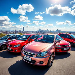 A dynamic and colorful scene showcasing a fleet of Daewoo cars, including a sleek Daewoo Mims, a sporty Daewoo Napra, a compact Daewoo Lanos, and a classic Daewoo Cielo