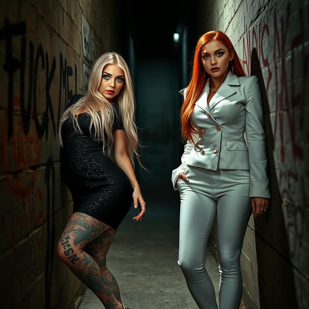In a dimly lit alley, two stunning girls lean against opposite walls, casting seductive and serious expressions towards the viewer