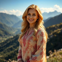 A stunning 40-year-old Pakistani woman with shiny golden hair, wearing a beautiful, intricately designed outfit traditional to her culture