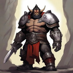 The image is a vivid, high-quality digital art piece that showcases a tan orc with tusks, short black hair, and a light-colored beard