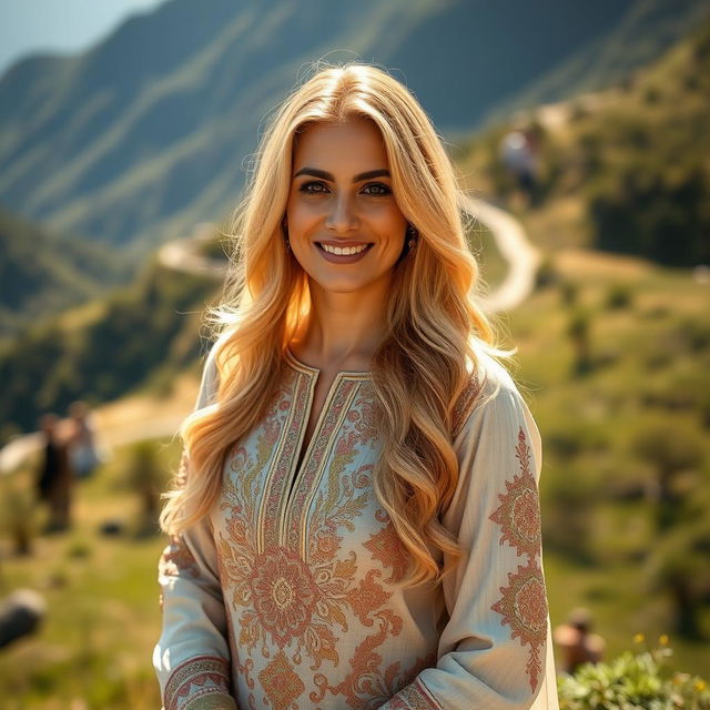 A stunning 40-year-old Pakistani woman with shiny golden hair, wearing a beautiful, intricately designed outfit traditional to her culture