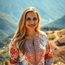 A stunning 40-year-old Pakistani woman with shiny golden hair, wearing a beautiful, intricately designed outfit traditional to her culture