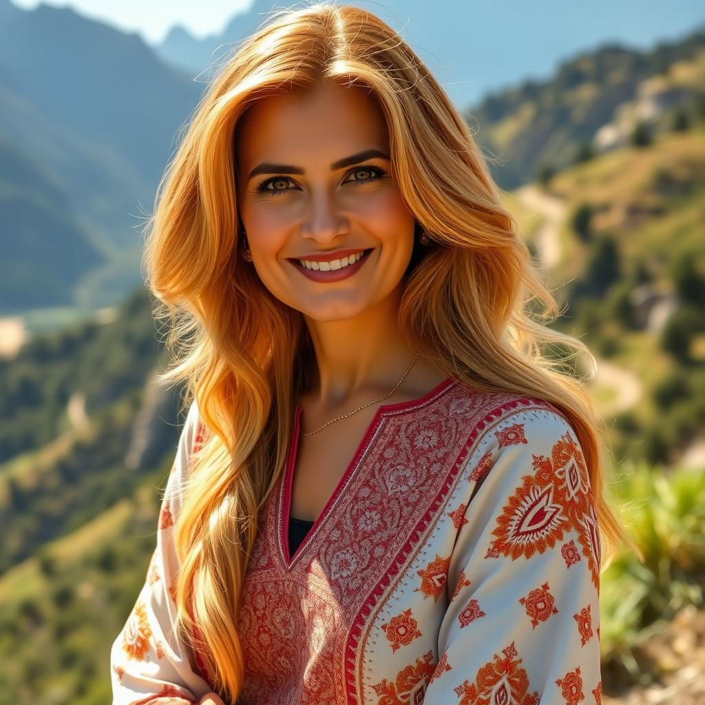 A stunning 40-year-old Pakistani woman with shiny golden hair, wearing a beautiful, intricately designed outfit traditional to her culture