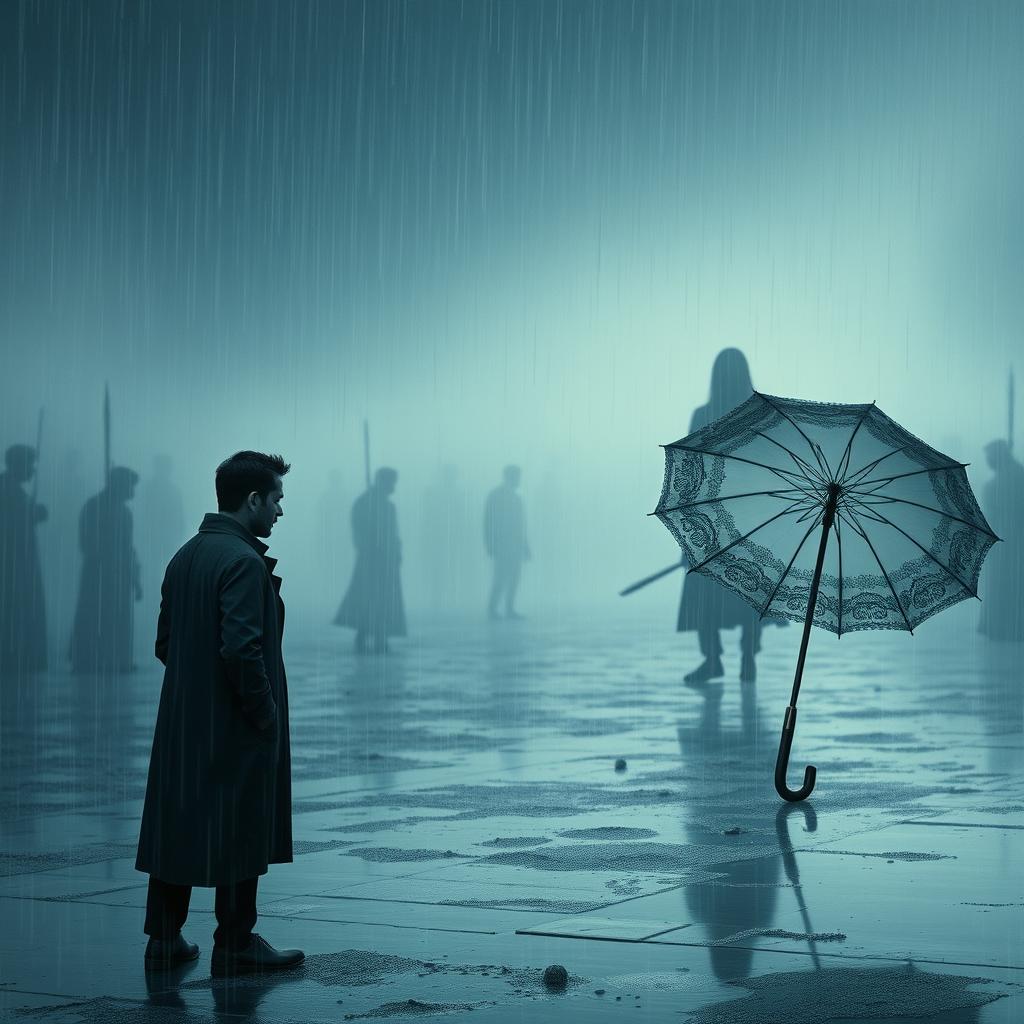 A poignant scene capturing the essence of an emotional struggle, depicting a man in a metaphorical battlefield where he fights bravely yet feels abandoned