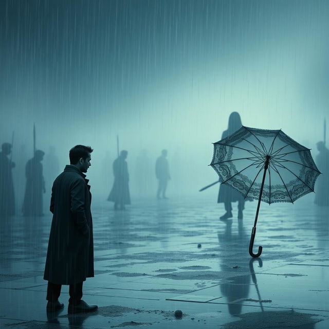 A poignant scene capturing the essence of an emotional struggle, depicting a man in a metaphorical battlefield where he fights bravely yet feels abandoned