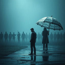 A poignant scene capturing the essence of an emotional struggle, depicting a man in a metaphorical battlefield where he fights bravely yet feels abandoned