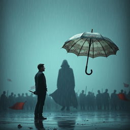 A poignant scene capturing the essence of an emotional struggle, depicting a man in a metaphorical battlefield where he fights bravely yet feels abandoned