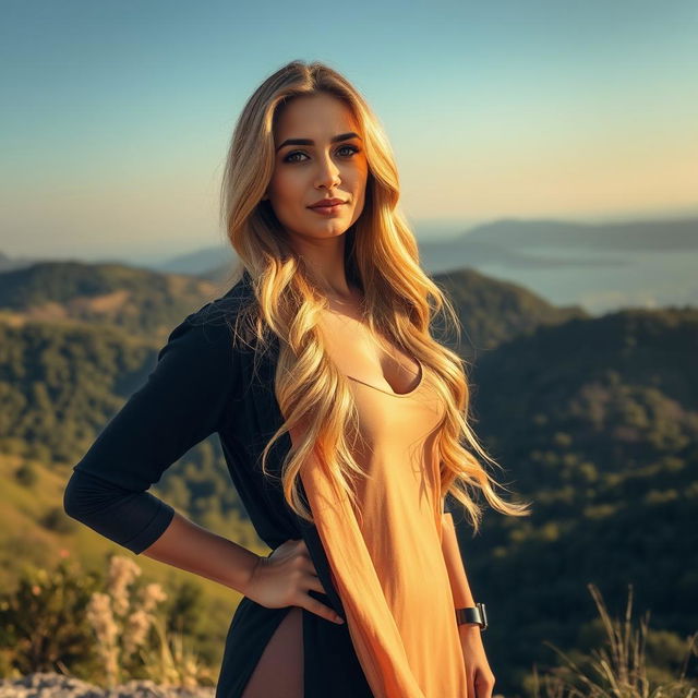 A stunning 40-year-old Pakistani woman with long, shiny golden hair, dressed in sexy clothes that accentuate her figure