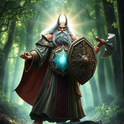 A powerful cleric with radiant white hair, dressed in ornate, flowing robes adorned with celestial symbols