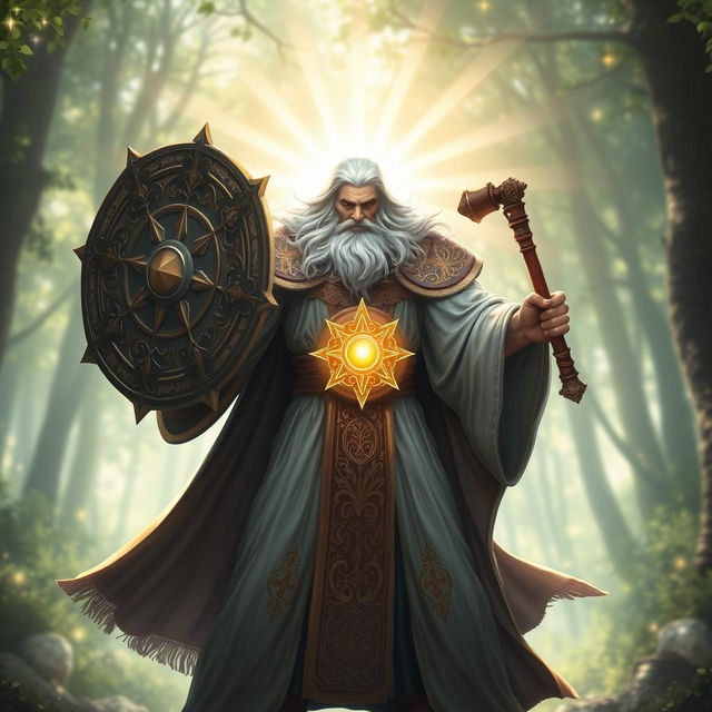 A powerful cleric with radiant white hair, dressed in ornate, flowing robes adorned with celestial symbols