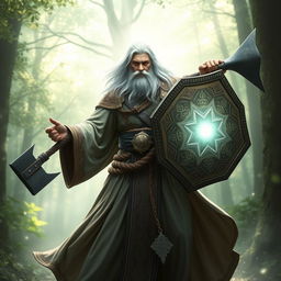 A powerful cleric with radiant white hair, dressed in ornate, flowing robes adorned with celestial symbols