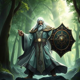 A powerful cleric with radiant white hair, dressed in ornate, flowing robes adorned with celestial symbols