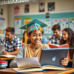 A vibrant, engaging classroom scene featuring diverse students, all focused on learning with various books and laptops open in front of them