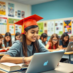 A vibrant, engaging classroom scene featuring diverse students, all focused on learning with various books and laptops open in front of them