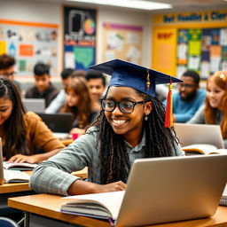 A vibrant, engaging classroom scene featuring diverse students, all focused on learning with various books and laptops open in front of them