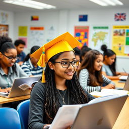 A vibrant, engaging classroom scene featuring diverse students, all focused on learning with various books and laptops open in front of them