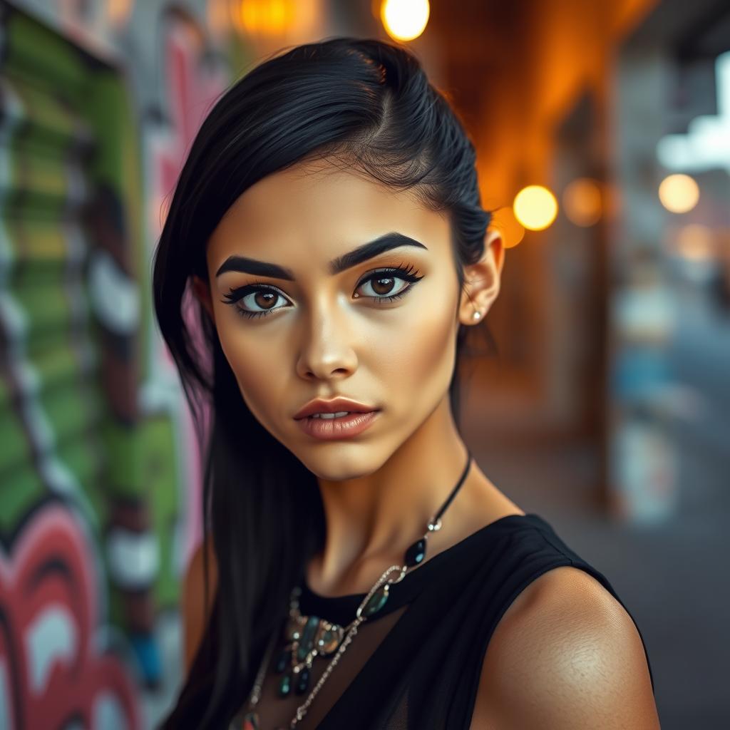 A captivating young woman with striking dark hair and deep black eyebrows, exuding an air of confidence and intrigue