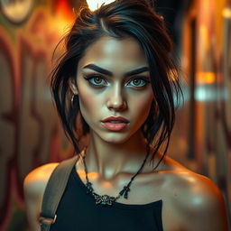 A captivating young woman with striking dark hair and deep black eyebrows, exuding an air of confidence and intrigue
