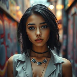 A captivating young woman with striking dark hair and deep black eyebrows, exuding an air of confidence and intrigue