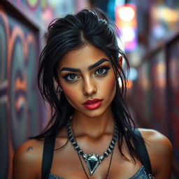 A captivating young woman with striking dark hair and deep black eyebrows, exuding an air of confidence and intrigue