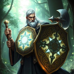 A powerful cleric with short, luminous white hair and no beard, dressed in elaborate, flowing robes adorned with intricate celestial patterns