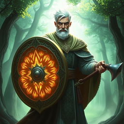 A powerful cleric with short, luminous white hair and no beard, dressed in elaborate, flowing robes adorned with intricate celestial patterns