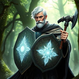 A powerful cleric with short, luminous white hair and no beard, dressed in elaborate, flowing robes adorned with intricate celestial patterns