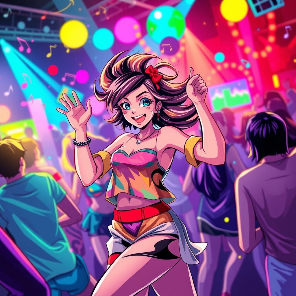 A vibrant and dynamic scene featuring a stylish female character dancing energetically at a lively event