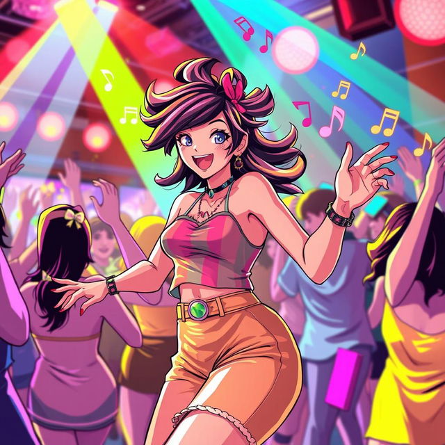 A vibrant and dynamic scene featuring a stylish female character dancing energetically at a lively event