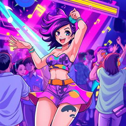 A vibrant and dynamic scene featuring a stylish female character dancing energetically at a lively event