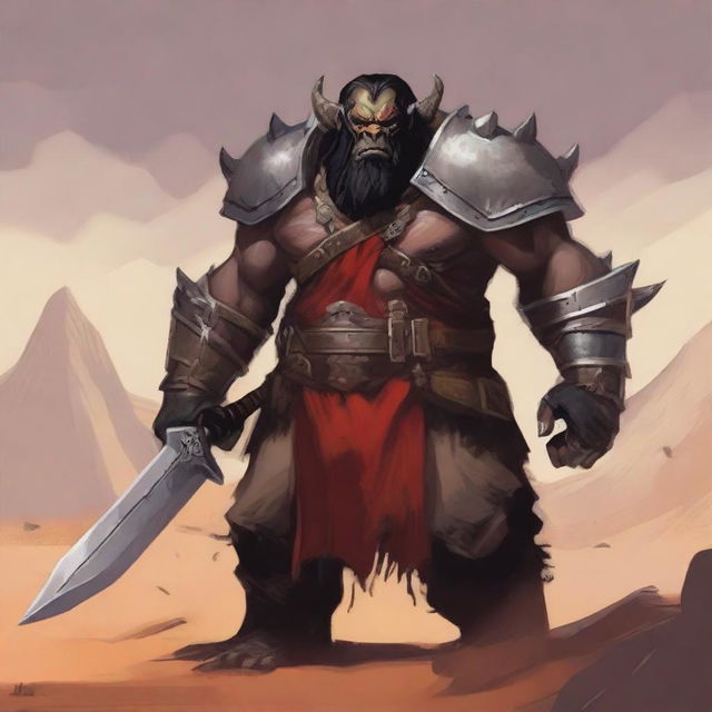 A high-quality digital art image presents a humanoid tan orc with large tusks, short black hair, and a beard