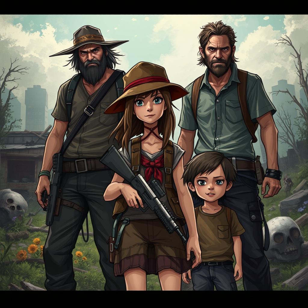 A dramatic scene set in a post-apocalyptic landscape, featuring Clementine, a strong young girl with a signature hat, standing confidently with Lee Everett, a rugged man with a protective stance, and AJ, a small boy with a hopeful expression