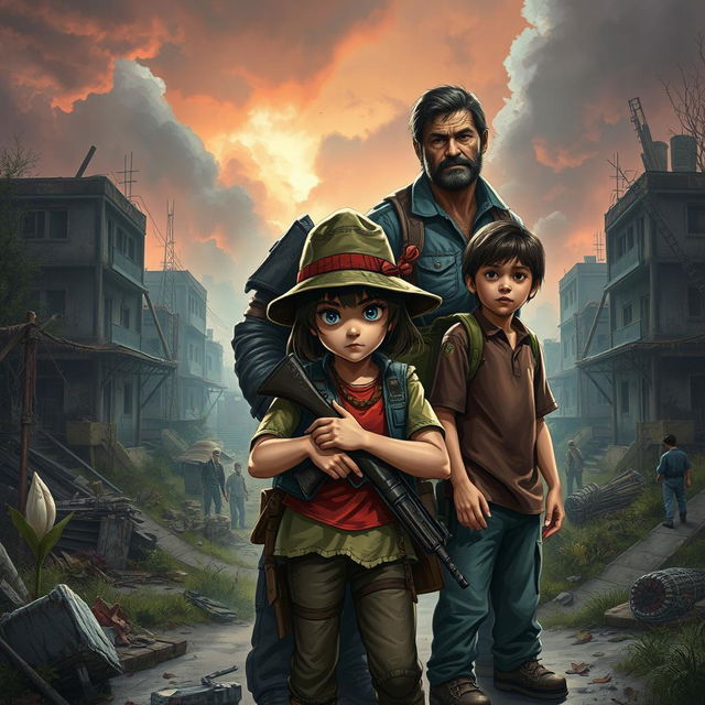 A dramatic scene set in a post-apocalyptic landscape, featuring Clementine, a strong young girl with a signature hat, standing confidently with Lee Everett, a rugged man with a protective stance, and AJ, a small boy with a hopeful expression