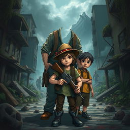 A dramatic scene set in a post-apocalyptic landscape, featuring Clementine, a strong young girl with a signature hat, standing confidently with Lee Everett, a rugged man with a protective stance, and AJ, a small boy with a hopeful expression