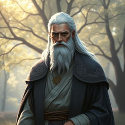 A serene cleric with striking white hair and no beard, dressed in elegant robes decorated with intricate patterns symbolizing wisdom and divinity