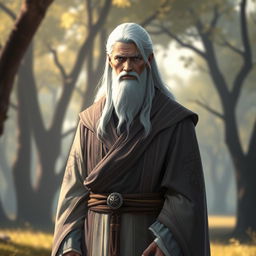 A serene cleric with striking white hair and no beard, dressed in elegant robes decorated with intricate patterns symbolizing wisdom and divinity