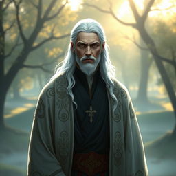 A serene cleric with striking white hair and no beard, dressed in elegant robes decorated with intricate patterns symbolizing wisdom and divinity