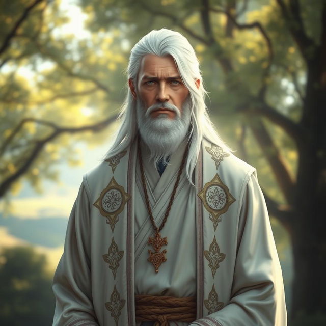 A serene cleric with striking white hair and no beard, dressed in elegant robes decorated with intricate patterns symbolizing wisdom and divinity