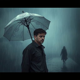 A deeply emotional and introspective scene, illustrating a man caught in a metaphorical battle of unrequited love