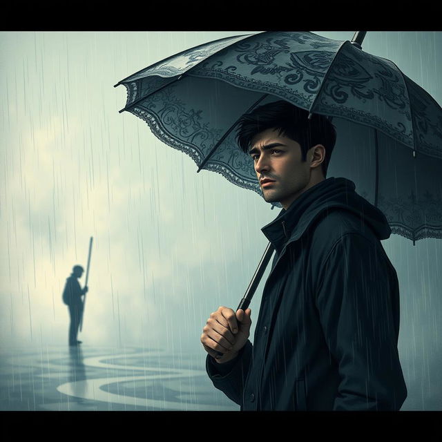 A deeply emotional and introspective scene, illustrating a man caught in a metaphorical battle of unrequited love