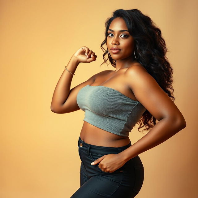 A tasteful and artistic depiction of a confident female model showcasing body positivity, featuring a focus on her natural beauty